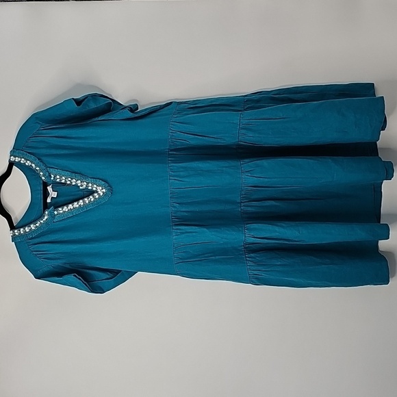 Chico's Peacock Blue 100% Linen w Embellished Neckline Glam Relaxed Short Dress - Picture 12 of 15